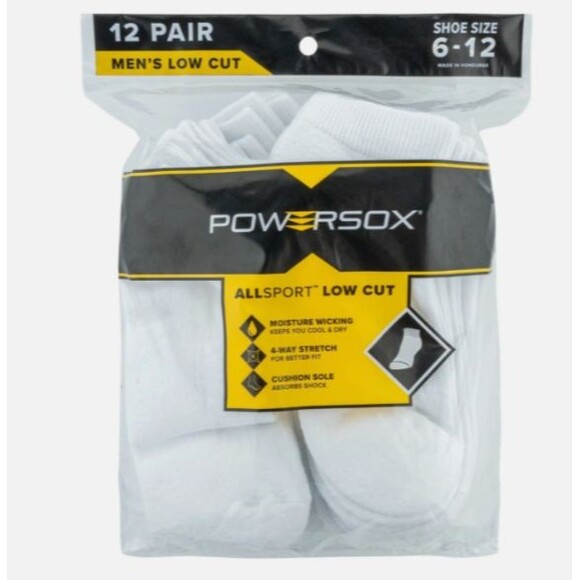 Powersox Men's Low Cut Socks 12 Pair White Size Large 6-12 Moisture Wicking NEW - Picture 3 of 3
